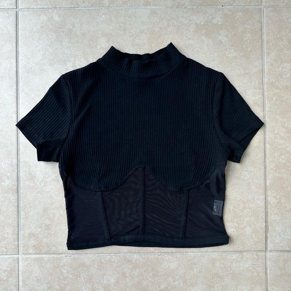 Black Ribbed Mock Turtle Neck Crop Top with Sheer Mesh Corset Bodice - Picture 2 of 3